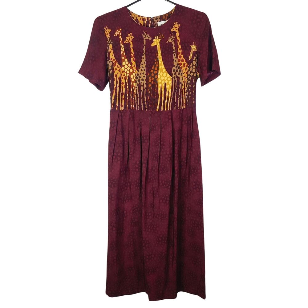 Vintage 90s Giraffe Print Short Sleeve Pleated Tie Back Midi Dress 10 Eclectic
